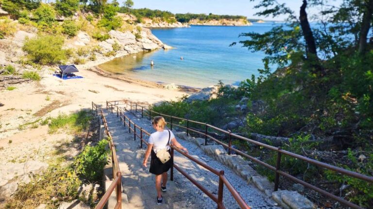 The author Sarah Heath, going down the stairs to Lake Texoma