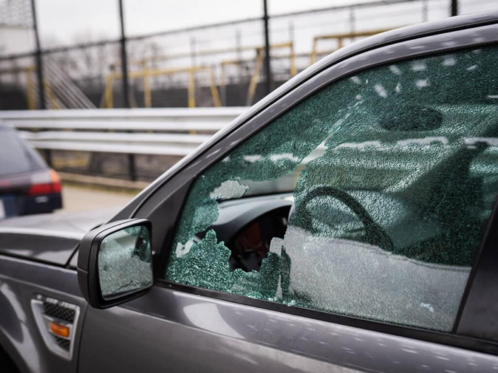 A broken car window in Vancouver