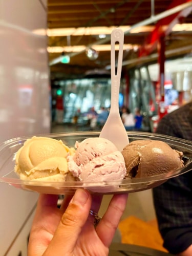A serving of three-scoop ice cream flight