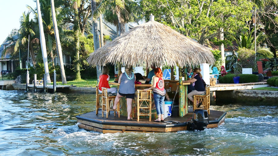 Floating tiki bar on the water of Fort Lauderdale