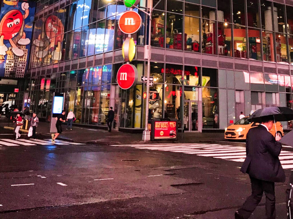 View of the colorful lights around Times Square at night