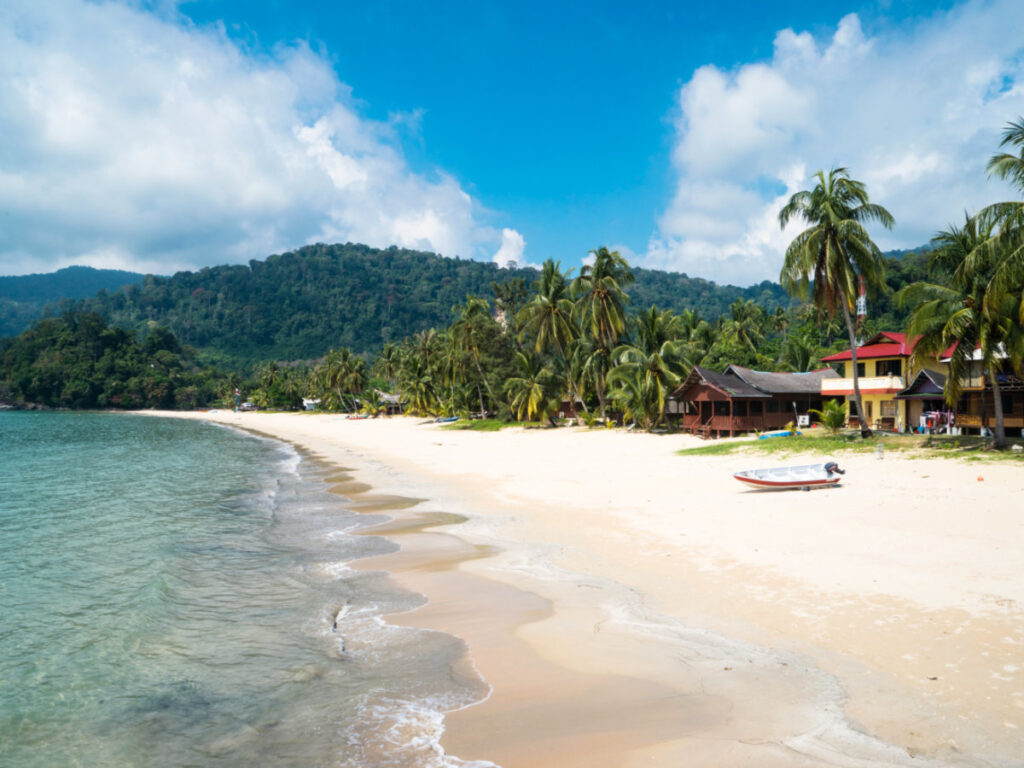 Tioman Island Beach in Malaysia with palm trees and establishments overlooking the sea