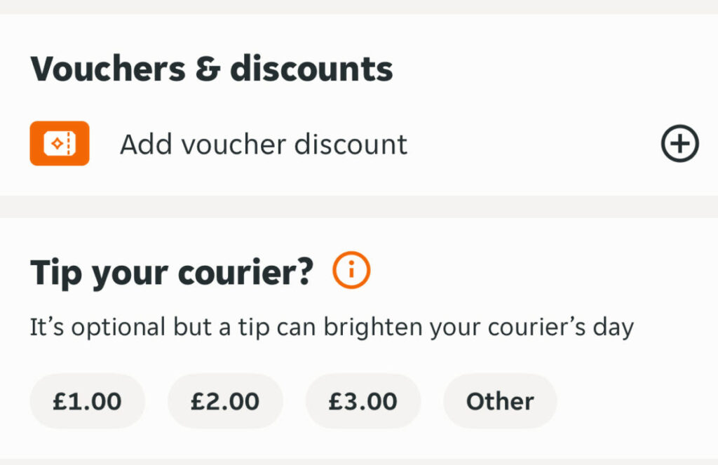 The Tip options on food delivery apps in the UK