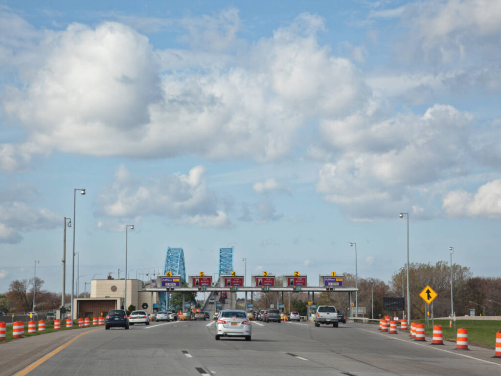 View of cars on a toll gate near Tonawanda