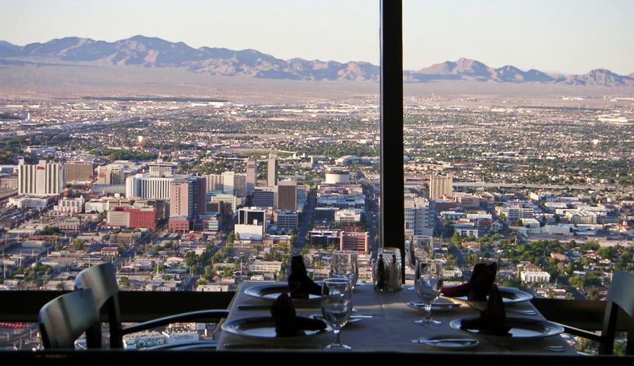 Breathtaking aerial view of the Las Vegas Strip from a table at the Top of The World restaurant.