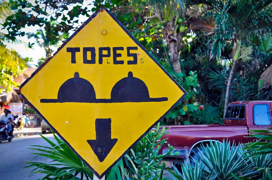 View of a Mexican speedbump sign on the street