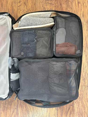 Main compartment of Tortuga Travel Backpack with packing cubes on it