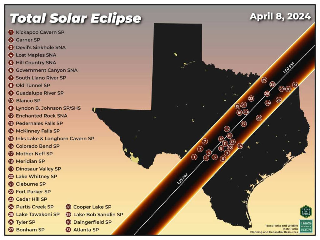 The path of the solar eclipse through the state parks in Texas