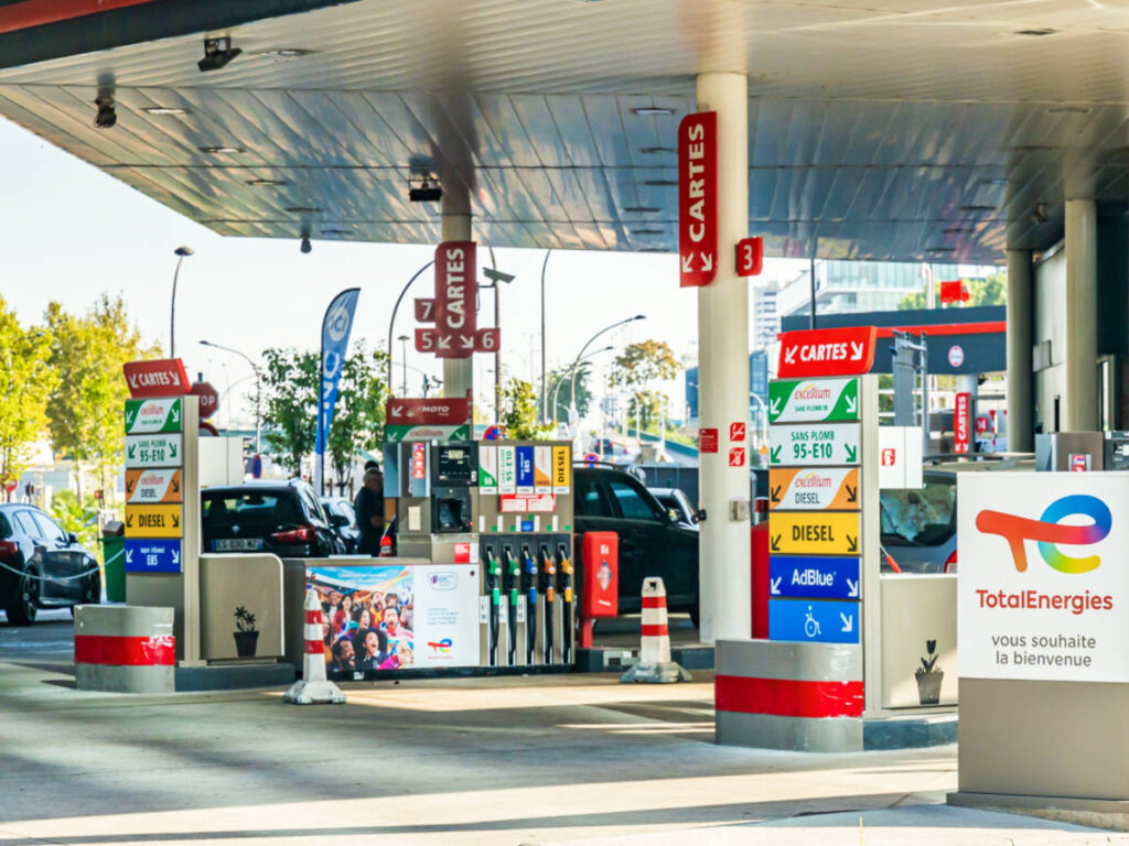 View of the gas station of Total Energies in Paris