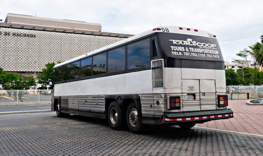View of a white tourist bus