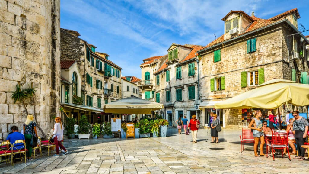 View of the tourists wandering around the shops