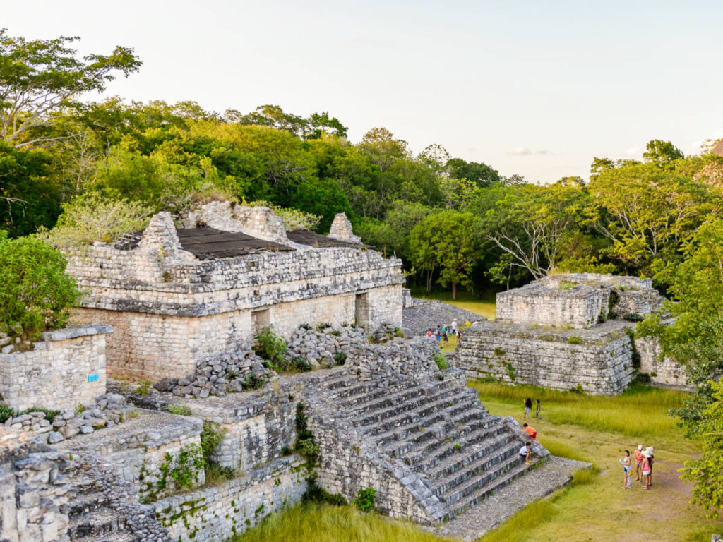 Aerial view of the tourists exploring the Ek’ Balam Complex