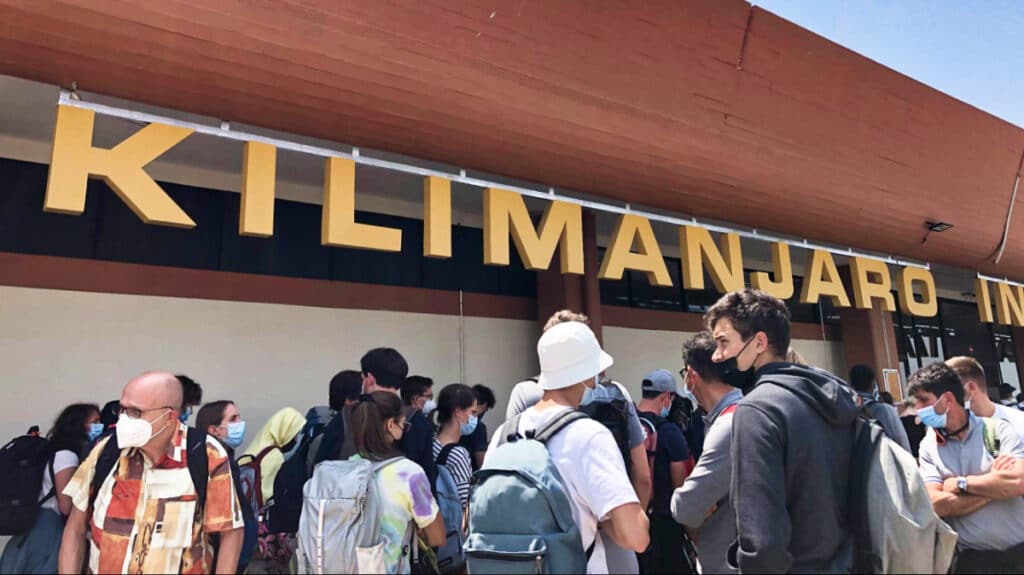 View of the tourists falling in line outside the tiny Kilimanjaro Airport