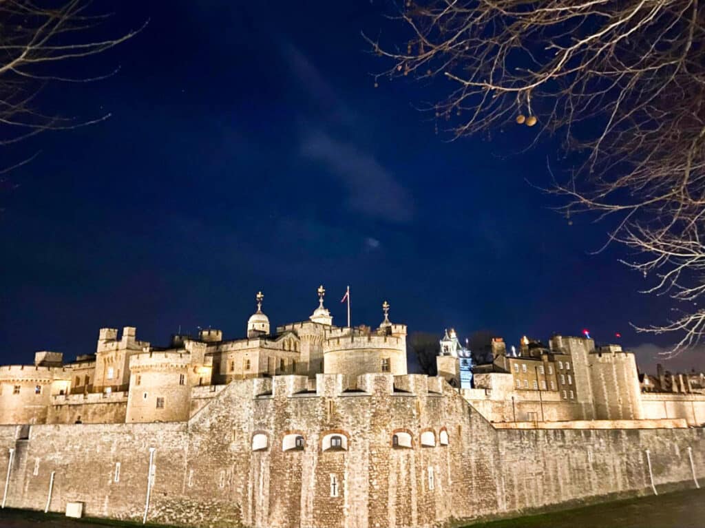 Exterior view of the Tower of London at night