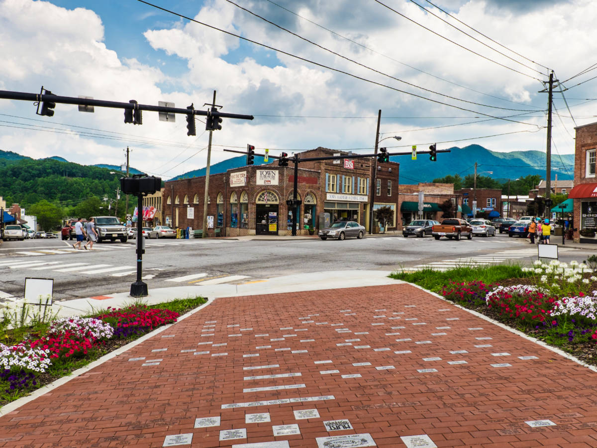 View of the shops from across the street at downtown Black Mountain