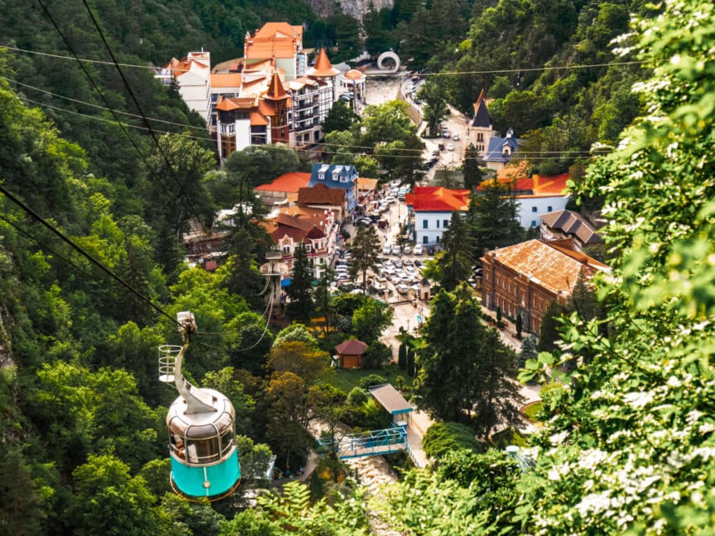 Aerial view of the town of Borjomi in the middle of the lush mountains