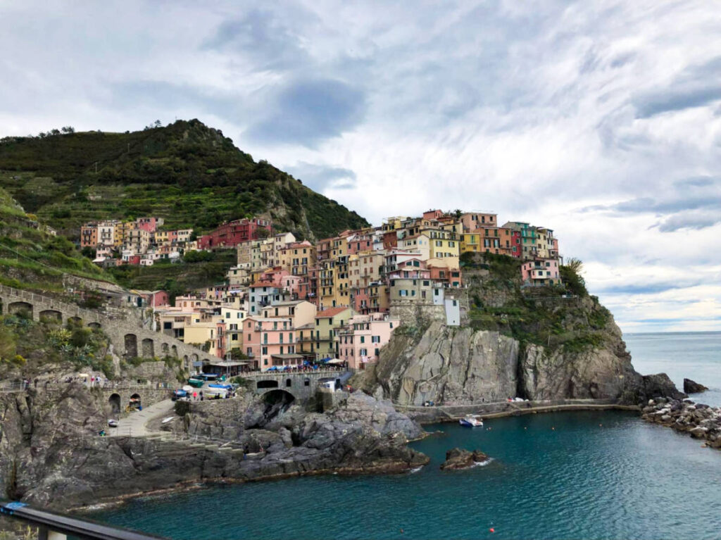 Aerial view of the colorful buildings at the Town of Manarola 