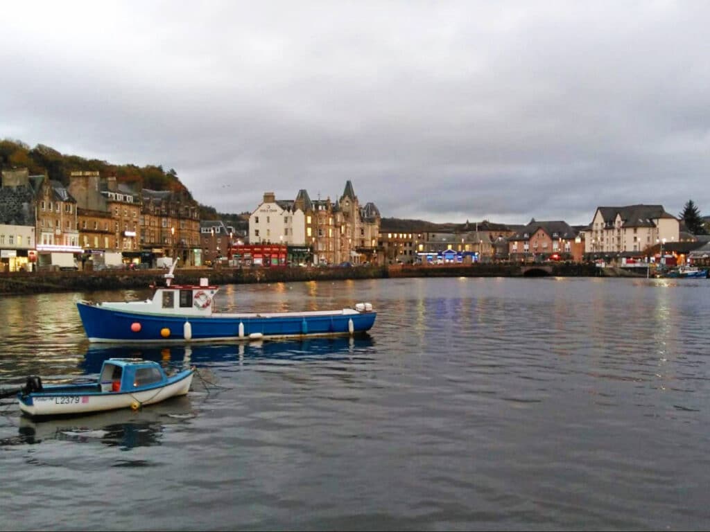 Boats docked in Oban town
