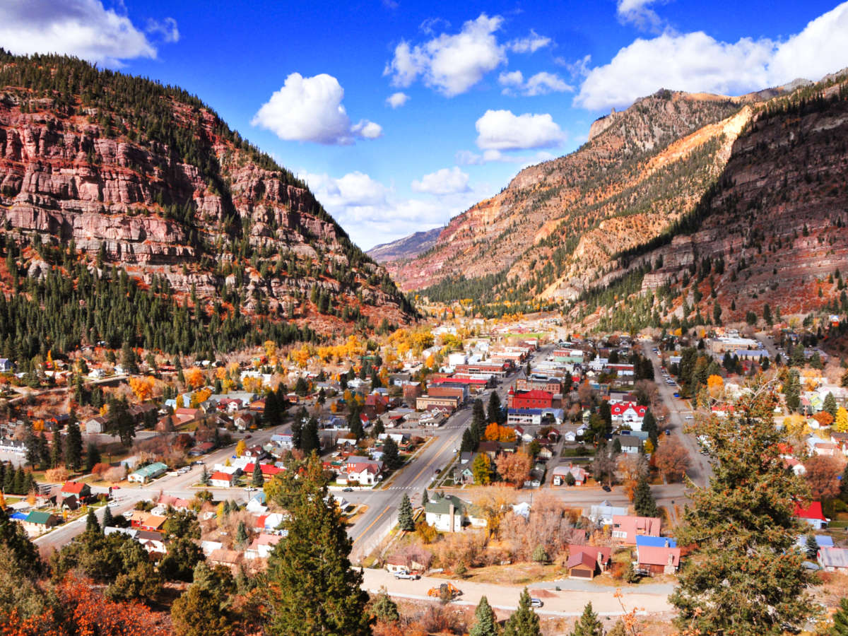 Aerial view of the colorful town of Ouray in autumn