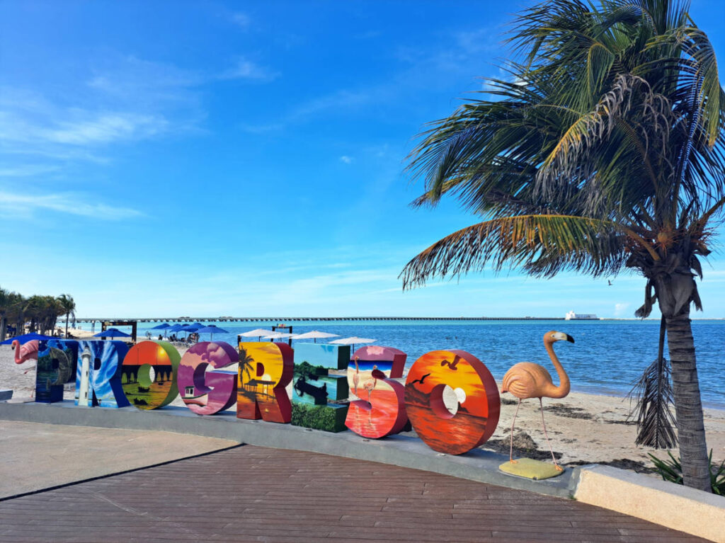 The colorful signage of the Progresso town