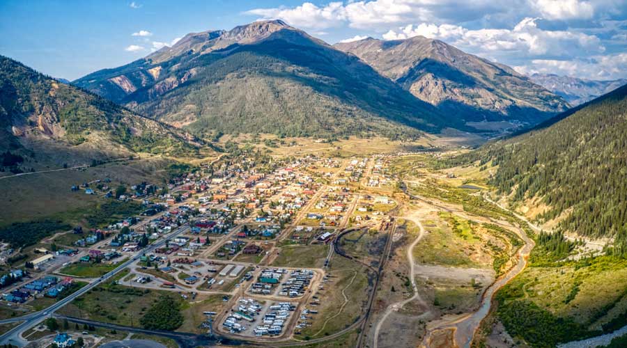 Aerial view of the town in between the mountains of Silverton
