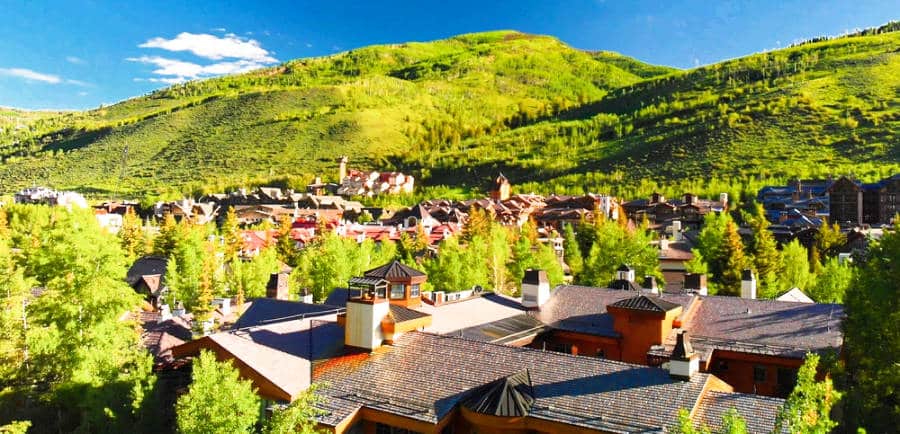 Aerial view of the town of Vail, Colorado during summer