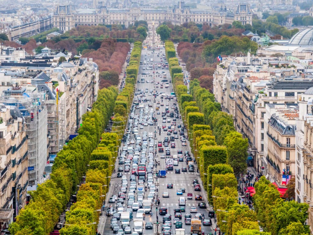 Aerial view of a traffic in Champs-Elysées Boulevard