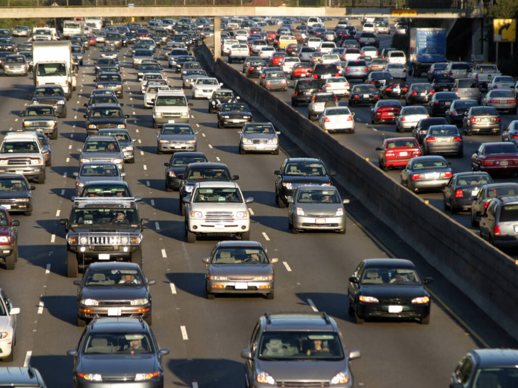 Cars on a hi-way during traffic hours in Los Angeles