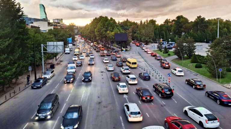 View of cars fill the streets around the city center of Tbilisi