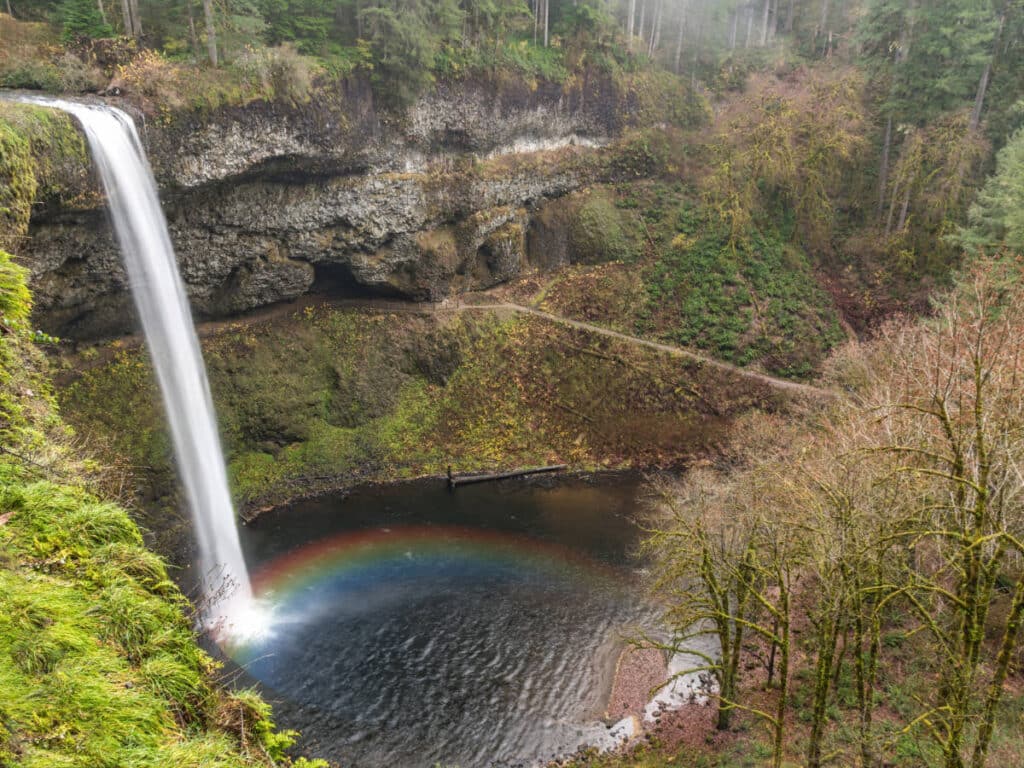 A rainbow over the Trail of Ten Falls in Oregon