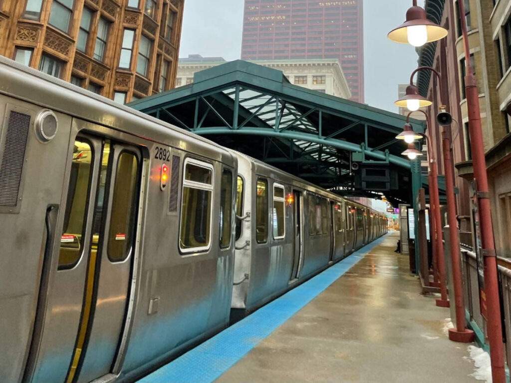 A train stop on the station in downtown Chicago