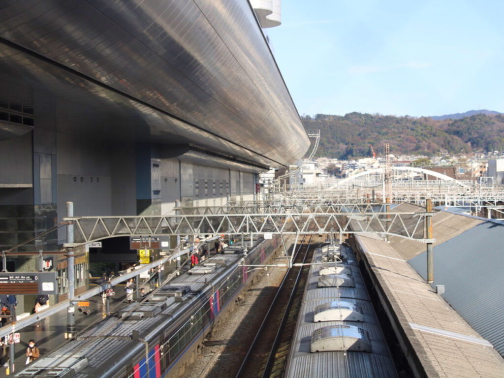 View of the trains at Kyoto Station from above