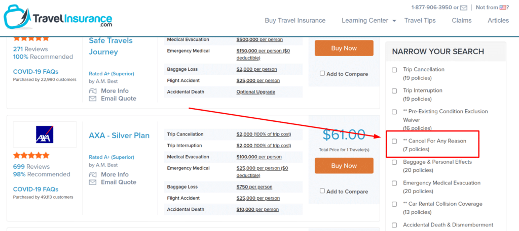 Screenshot of a travel insurance booking portal with the option to filter for CFAR policies
