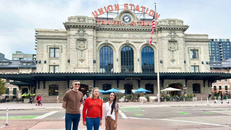 Travel Lemming Founder Nate Hake with Laura Falin and Editor Abigail Bliss outside the Union Station in Denver