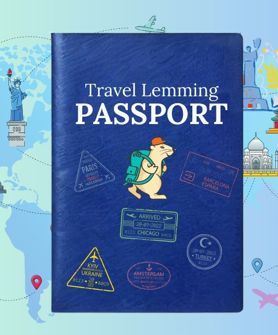 A passport over a map, with the words "Travel Lemming Passport"