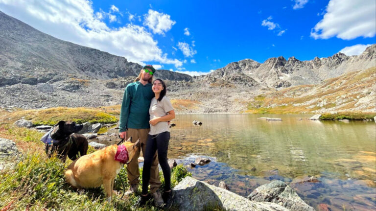 Travel Lemming editor Abigail and her husband with their dog in Breckenridge