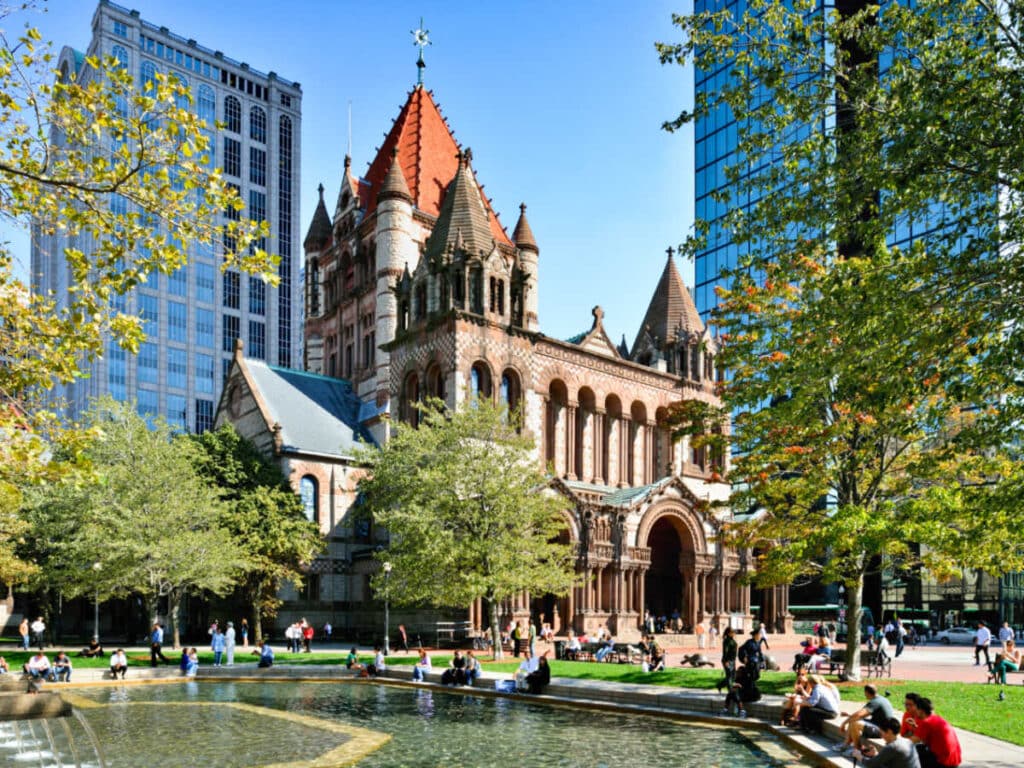 View of the crowd at the Trinity Church and other buildings in Copley Square