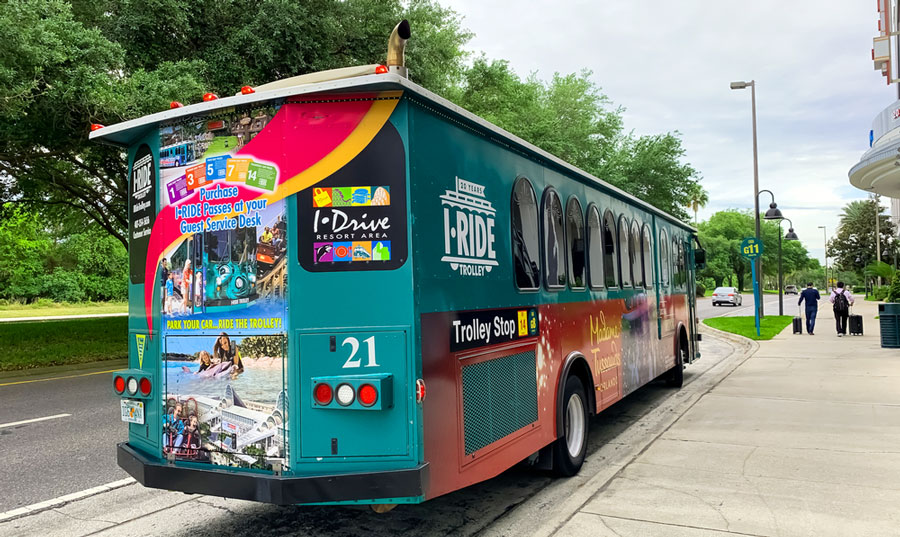 View of a green Orlando Trolley Service