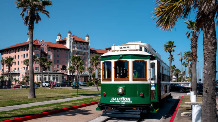 Clear blue sky over the Galveston Island Trolley Streetcar