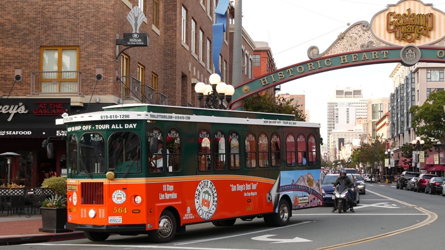 View of a San Diego Trolley on the busy street