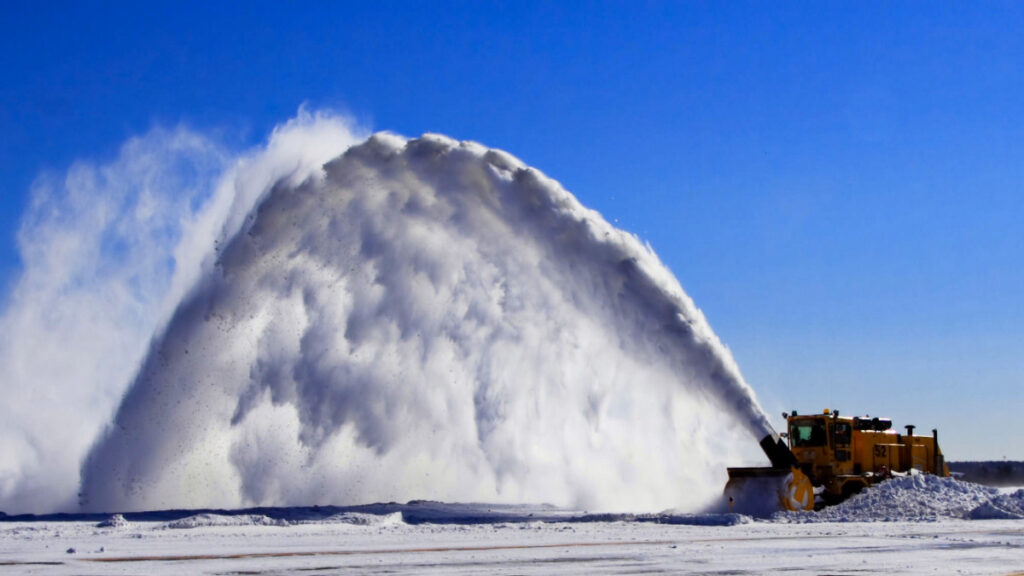 A truck removing snow in the airport