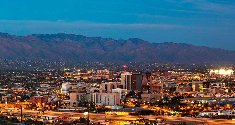 Overlooking view of buildings in Tucson with lights at night