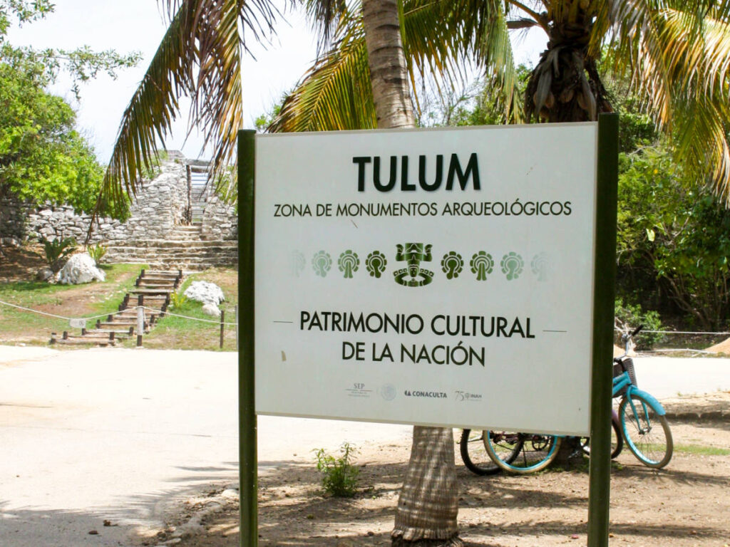 View of the sign at the entrance of the Tulum Ruins