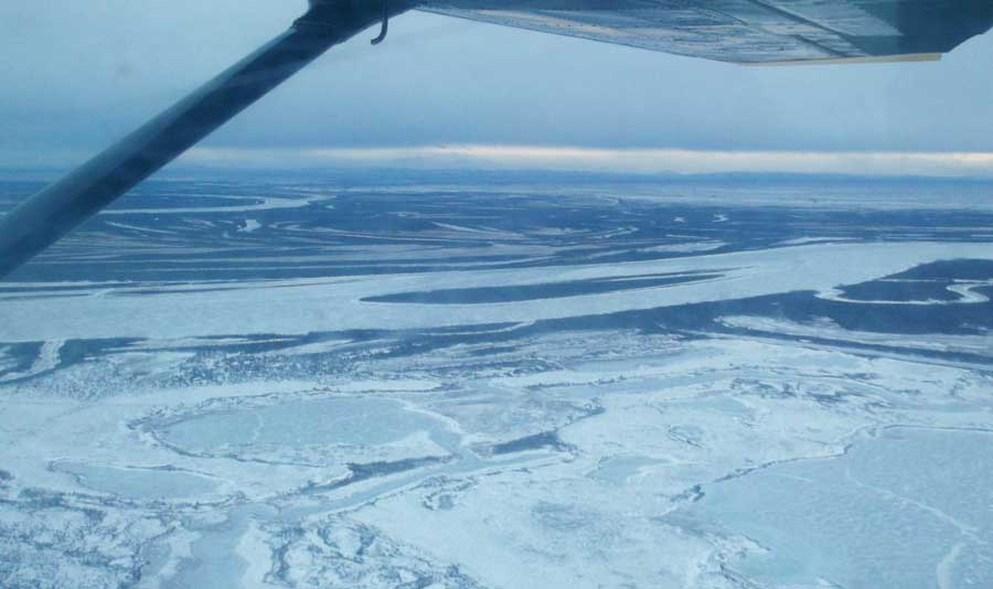 Aerial view of Bethel surrounded with tundra