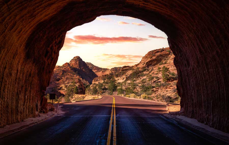 The Zion National Park from a tunnel