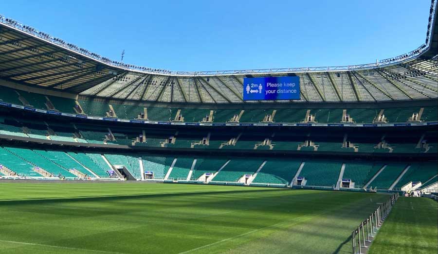 View of the empty Twickenham stadium under the clear blue sky