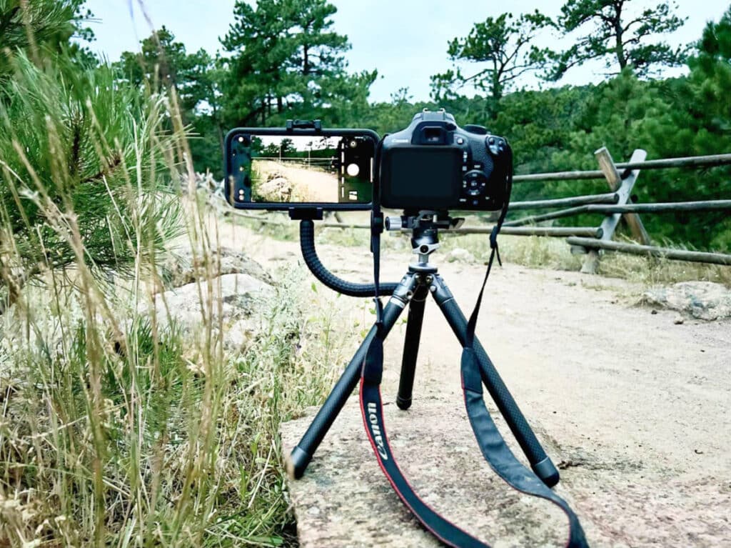 Benro Tablepod Flex Tripod holding two devices on a terrain