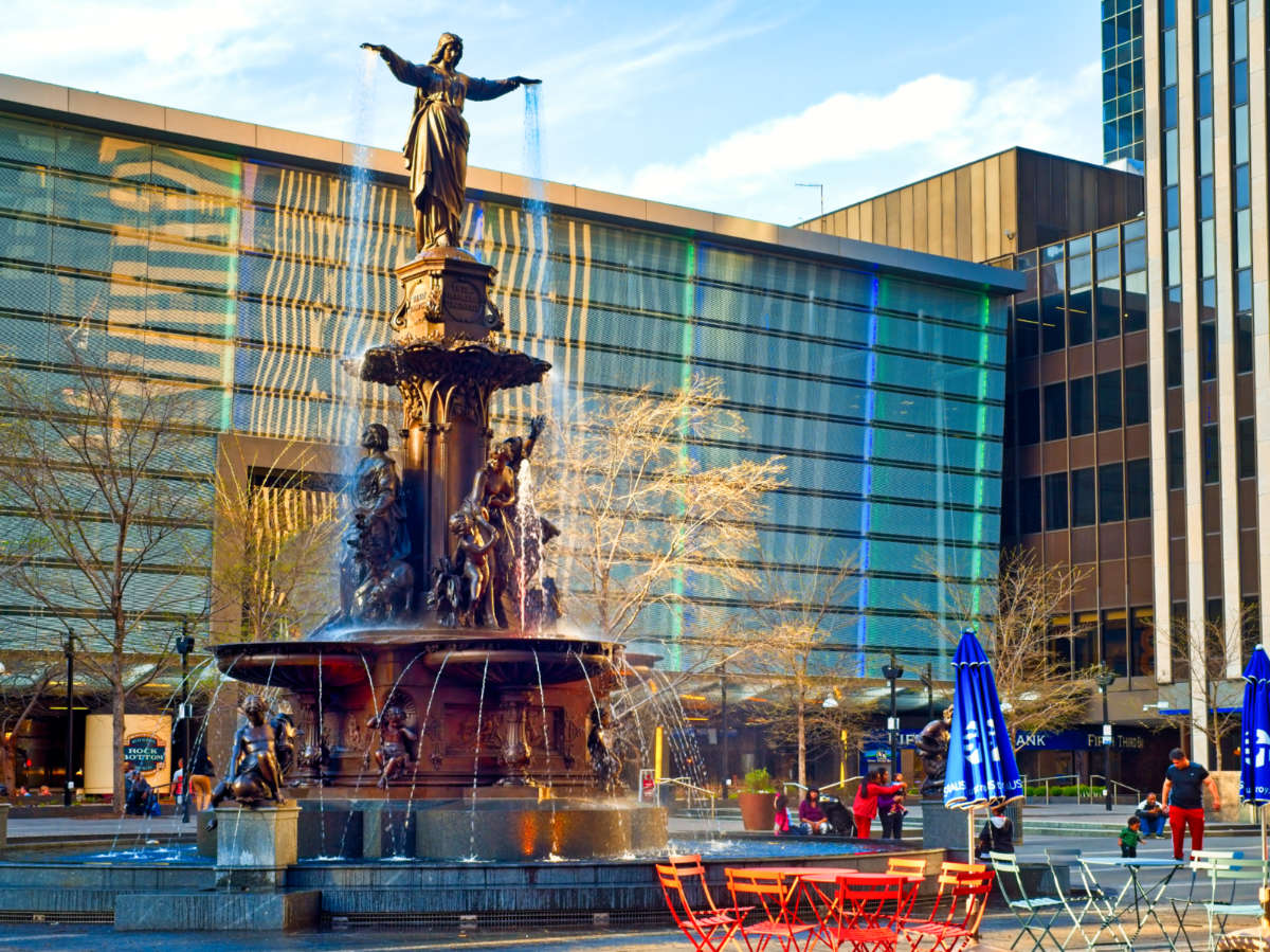 View of the Tyler Davidson Fountain at Fountain Square at sunset