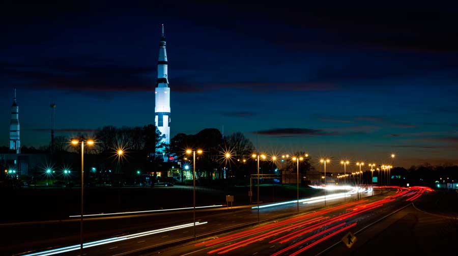 The U.S. Space and Rocket Center from afar at night