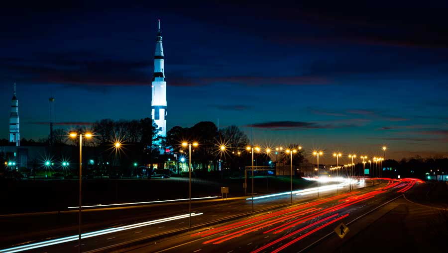 The U.S. Space and Rocket Center at night in Huntsville